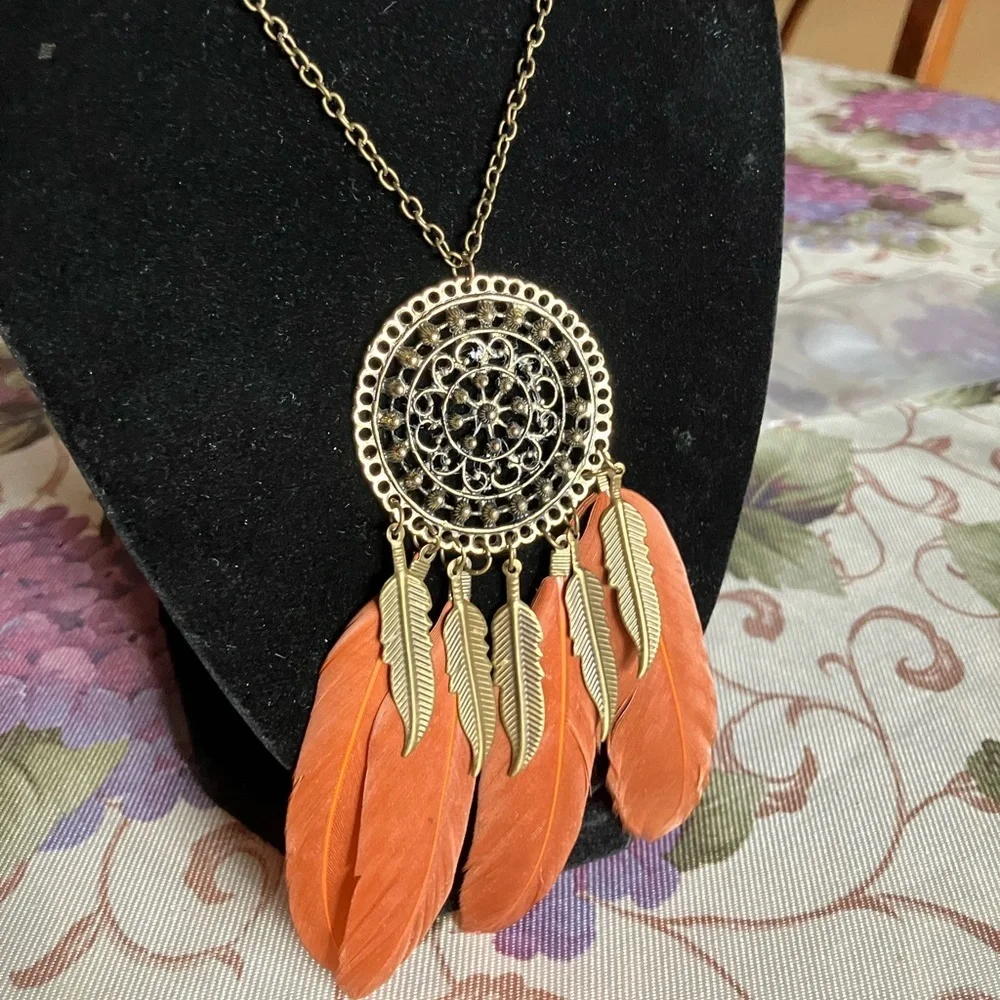 Gold and Orange Dreamcatcher Necklace